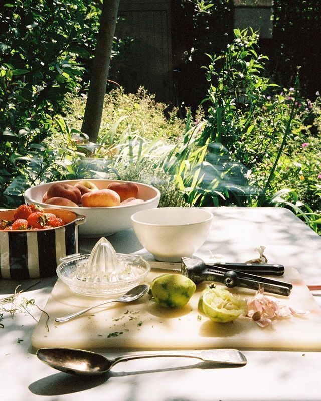 A sunlit garden table with fruit and citrus